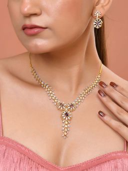 VOJ - Gold Plated Lead Designed Purple Stone Ad Necklace Set