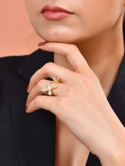 VOJ - White Gold Toned Floral Designed Adjustable Ring