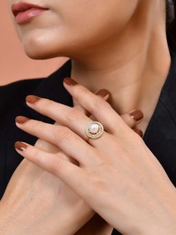 VOJ - Gold Plated Pearl Studded White Ad Stones Ring