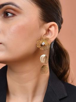 VOJ - White Gold Toned Floral Designed Drop Earrings