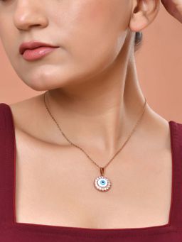 VOJ - Rose Gold Plated White Ad Stone Studded Evil Eye Necklace
