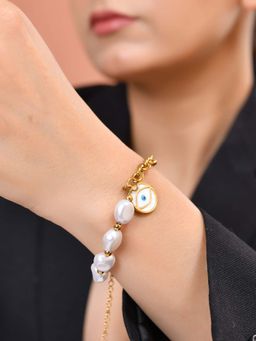 VOJ - White Gold Plated Pearl And Evil Eye Bracelet
