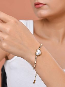 VOJ - White Gold Plated Ad Stone Studded Heart Shaped Pearl Bracelet
