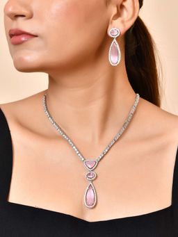 VOJ - Silver-Plated Ad & Baby Pink Cubic Zirconia Studded Necklace Set