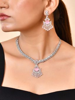 VOJ - Silver Toned Cz Stone Studded Baby Pink Necklace Set
