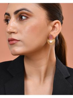 VOJ - Gold Plated Pink Stone & Pearl Dome Shaped Drop Earrings