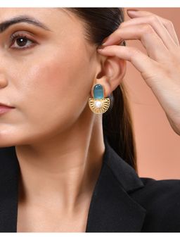 VOJ - Gold Plated Sky Blue Stone & Pearl Dome Shaped Drop Earrings