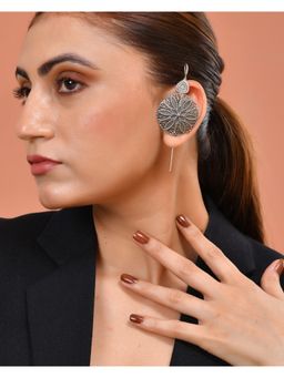 VOJ - Silver Toned Floral Design Oxidized Ear Cuffs
