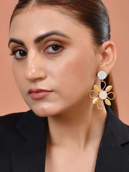 VOJ - White Gold Plated Floral Shaped Stone Studded Drop Earrings