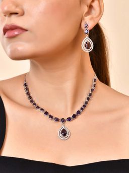 VOJ - Silver Toned Purple Tear Drop Shaped Stone Ad Necklace Set