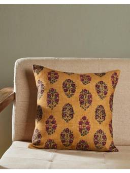 Fabindia - Yellow Mia Buta Floral Printed Cushion Cover (16x16 inches)