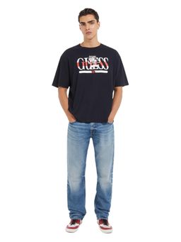 Guess - Men Navy Blue Casual Cotton Round Neck Half Sleeves T-Shirt