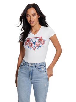 Guess - Women White Casual Cotton V-Neck Half Sleeves T-Shirt