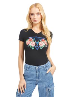 Guess - Women Black Casual Cotton V-Neck Half Sleeves T-Shirt