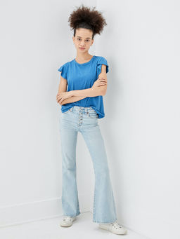 American Eagle - Women Blue Flutter Sleeve Tee