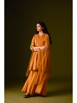 AURUL - Mustard Embroidered Kurta with Sharara and Dupatta (Set of 3)