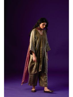 AURUL - Light Green Zari Stripe Kurta with Pants and Dupatta (Set of 3)