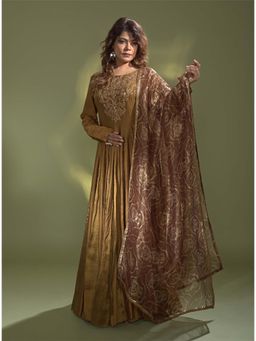 AURUL - Golden Chinya Silk Anarkali with Dupatta (Set of 2)