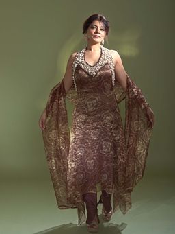 AURUL - Rust Pearl Halter Kurta with Churidar and Dupatta (Set of 3)