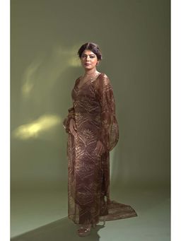 AURUL - Rust Banaras Silk Crystal Emb Kurta with Pant and Dupatta (Set of 3)