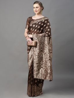 Akhilam - Womens Cotton Silk Dark Brown Woven Design Saree with Unstitched Blouse