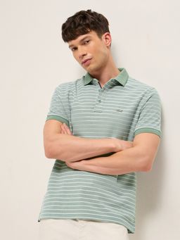 The Bear House - Men's Green Regular Fit Striped Cotton Casual Polo T-Shirt