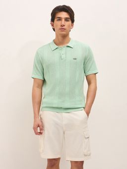 The Bear House - Men's Green Regular Fit Self Design Cotton Casual Polo T-Shirt