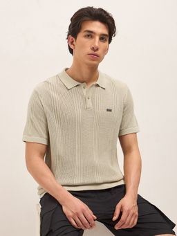 The Bear House - Men's Beige Regular Fit Self Design Cotton Casual Polo T-Shirt