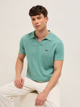 The Bear House - Men's Green Regular Fit Self Design Cotton Casual Polo T-Shirt