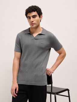 The Bear House - Men's Grey Regular Fit Self Design Cotton Casual Polo T-Shirt