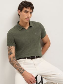 The Bear House - Men's Olive Regular Fit Self Design Casual Polo T-Shirt