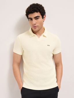 The Bear House - Men's Off White Regular Fit Self Design Casual Polo T-Shirt