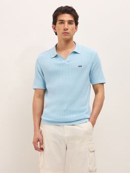 The Bear House - Men's Blue Regular Fit Textured Cotton Casual Polo T-Shirt