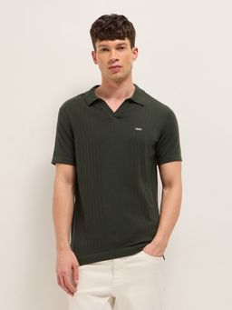 The Bear House - Men's Green Regular Fit Self Design Cotton Casual Polo T-Shirt