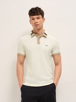 The Bear House - Men's Off White Slim Fit Textured Casual Polo T-Shirt