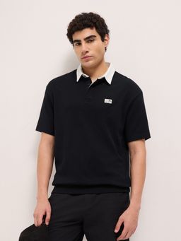 The Bear House - Men's Black Relaxed Fit Solid Cotton Casual Polo T-Shirt