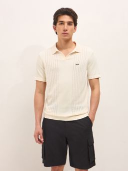 The Bear House - Men's Cream Regular Fit Self Design Cotton Casual Polo T-Shirt