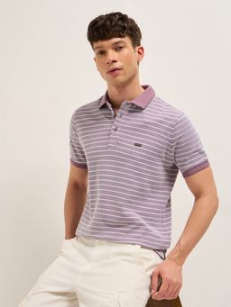 The Bear House - Men's Purple Regular Fit Striped Cotton Casual Polo T-Shirt