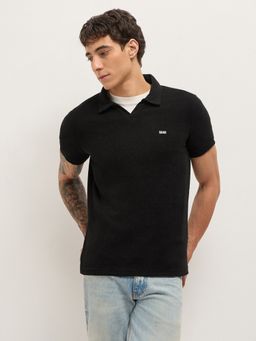 The Bear House - Men's Black Regular Fit Self Design Casual Polo T-Shirt