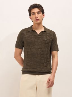 The Bear House - Men's Brown Regular Fit Textured Cotton Casual Polo T-Shirt