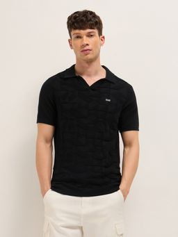 The Bear House - Men's Black Regular Fit Textured Cotton Casual Polo T-Shirt