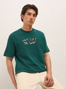 The Bear House - Men's Green Relaxed Fit Embroidery Casual T-Shirt