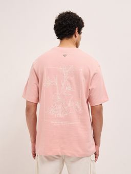 The Bear House - Men's Pink Oversize Fit Printed Cotton Casual T-Shirt