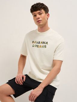 The Bear House - Men's Cream Relaxed Fit Embroidery Casual T-Shirt