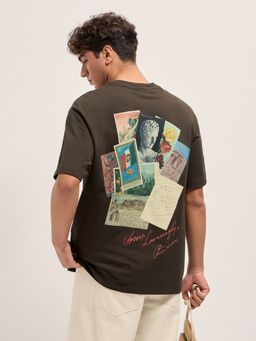 The Bear House - Men's Brown Oversize Fit Graphic Cotton Casual T-Shirt