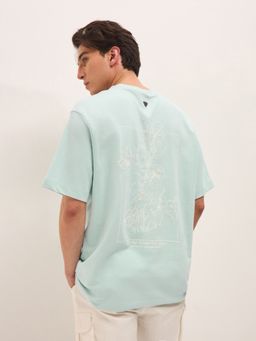 The Bear House - Men's Blue Oversize Fit Printed Cotton Casual T-Shirt