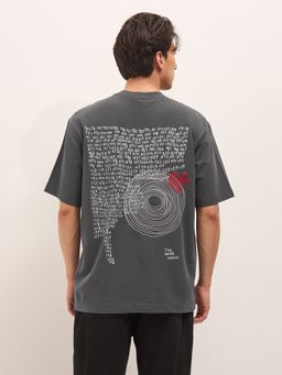 The Bear House - Men's Grey Oversize Fit Embroidery Casual T-Shirt