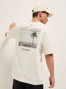 The Bear House - Men's Off White Oversize Fit Digital Graphic Cotton Casual T-Shirt