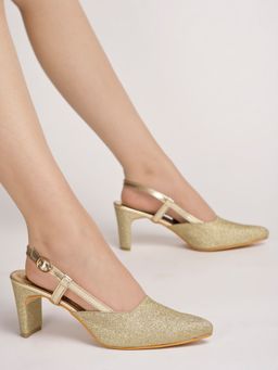 Shoetopia - Embellished Ankle Strap Golden Heels For Girls