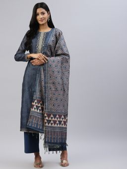 Readiprint - Navy Blue Chanderi Silk Unstitched Dress Material (Set of 3)